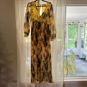 Floral yellow maxi long sleeve belted dress